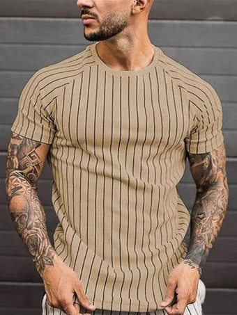 Khaki T-shirts Casual Jewel Neck Stripes Short Sleeves