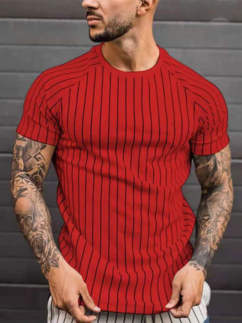 Red T-shirts Casual Jewel Neck Stripes Short Sleeves