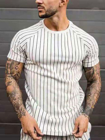 White T-shirts Casual Jewel Neck Stripes Short Sleeves