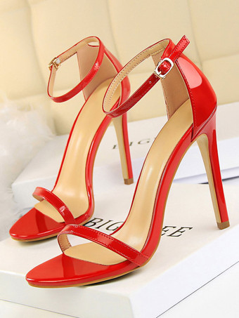 レッド ヒールサンダル肌色スティレットヒールオープントゥPUレザーアンクルストラップヒール