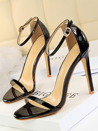 ブラック ヒールサンダル肌色スティレットヒールオープントゥPUレザーアンクルストラップヒール