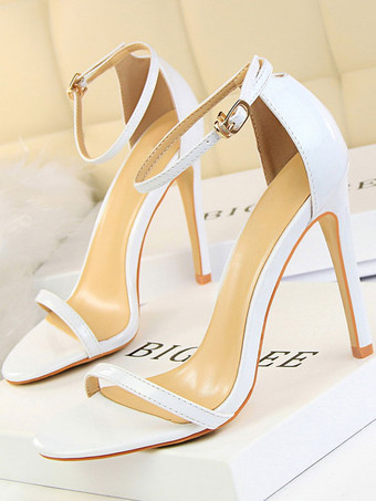 ホワイト ヒールサンダル肌色スティレットヒールオープントゥPUレザーアンクルストラップヒール