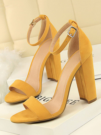 イエローヒールサンダルパープルスティレットヒールオープントゥテリーアッパーアンクルストラップヒール