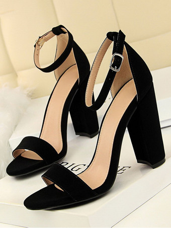 ブラック ヒールサンダルパープルスティレットヒールオープントゥテリーアッパーアンクルストラップヒール