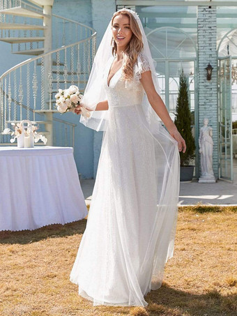 Schlichtes Brautkleid Brautkleider große Größen lang Spitze A-Linie- Weiß Standesamtkleid