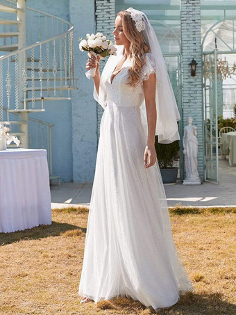 Schlichtes Brautkleid Brautkleider große Größen lang Spitze A-Linie- Weiß Standesamtkleid