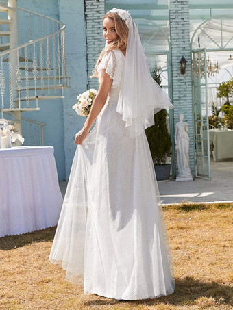 Schlichtes Brautkleid Brautkleider große Größen lang Spitze A-Linie- Weiß Standesamtkleid