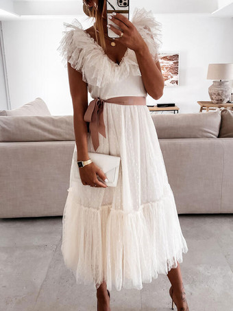 レースワンピースホワイトVネックノースリーブアシンメトリーフリルレースアップカジュアルマキシワンピース