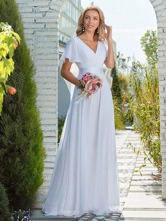 Robe de mariée simple robe de soirée de mariage col V manche courte au sol