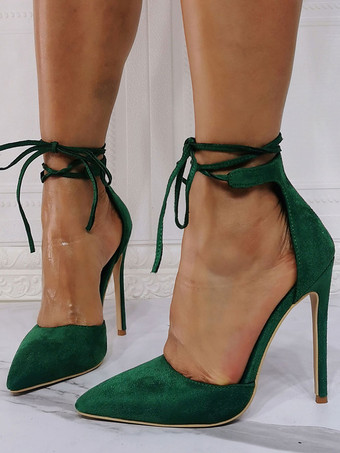 女性パンプス先のとがったつま先スチレットヒールシックなグリーンアンクルストラップヒール