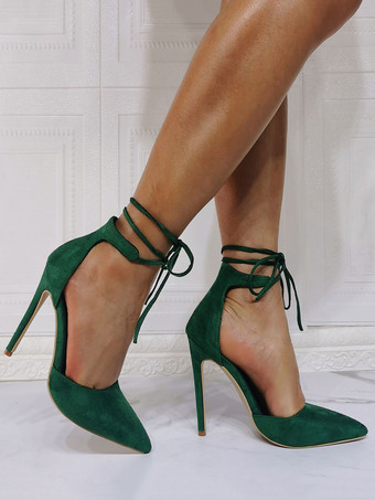 女性パンプス先のとがったつま先スチレットヒールシックなグリーンアンクルストラップヒール
