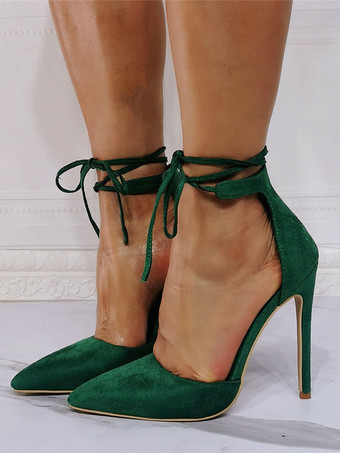 女性パンプス先のとがったつま先スチレットヒールシックなグリーンアンクルストラップヒール