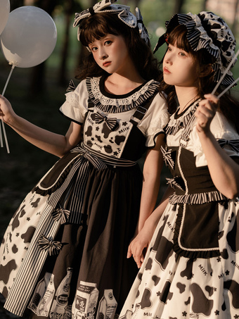 Sweet Lolita OP Dress 2-Piece Set Jewel Neck Polyester Sleeveless Cow Pattern Ruffle Sweet Lolita Dress Outfit
