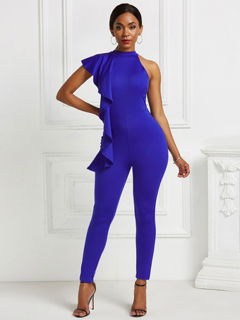 ブルー ホワイトジャンプスーツハイカラーノースリーブパイピングストレッチポリエステルスキニーロングレギンスサマーワンピース衣装