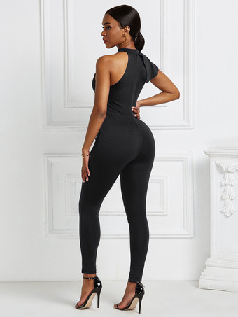 ホワイトジャンプスーツハイカラーノースリーブパイピングストレッチポリエステルスキニーロングレギンスサマーワンピース衣装