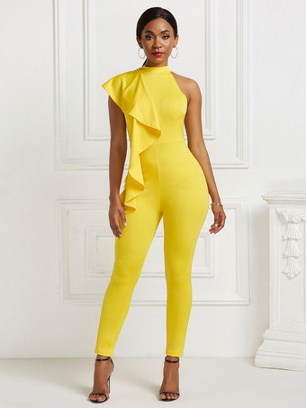 イエローホワイトジャンプスーツハイカラーノースリーブパイピングストレッチポリエステルスキニーロングレギンスサマーワンピース衣装