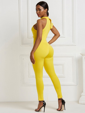 ホワイトジャンプスーツハイカラーノースリーブパイピングストレッチポリエステルスキニーロングレギンスサマーワンピース衣装