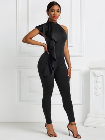 ブラック ホワイトジャンプスーツハイカラーノースリーブパイピングストレッチポリエステルスキニーロングレギンスサマーワンピース衣装