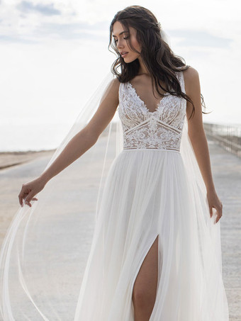 Robe de mariée simple blanche col V en dentelle jupe fendue en tulle à traîne courte Robe de mariée bohémien