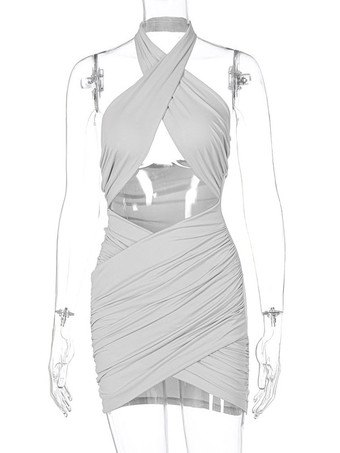 クラブ ドレス ホルター セクシー プリーツ ノースリーブ ポリエステル バックレス ライト グレー セクシー ボディコン ドレス