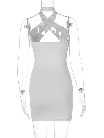 クラブ ドレス ホルター セクシー プリーツ ノースリーブ ポリエステル バックレス ライト グレー セクシー ボディコン ドレス