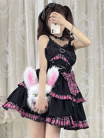 ピンク前売り アイドル ロリータJSKドレス赤い格子縞のパターンノースリーブフリル弓レースアップロリータジャンパースカート