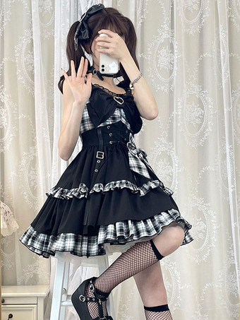 前売り アイドル ロリータJSKドレス赤い格子縞のパターンノースリーブフリル弓レースアップロリータジャンパースカート