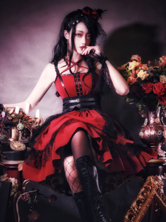 Gothic Lolita JSK Dress Borgogna Poliestere senza maniche Gonne Pizzo Lace Up Criss-Cross Red Lolita Jumper Gonne