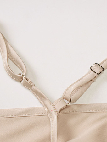 誕生日パーティードレス ライトアプリコットストラップ ネックスプリットフロント ノースリーブ 非対称セミフォーマルドレス