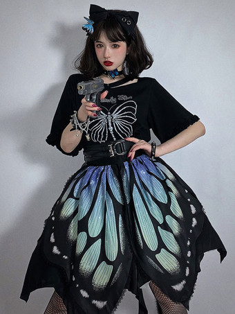 Conjunto de 3 peças com saia gótica Lolita SK azul profundo padrão borboleta Steampunk Lolita Cummerbund