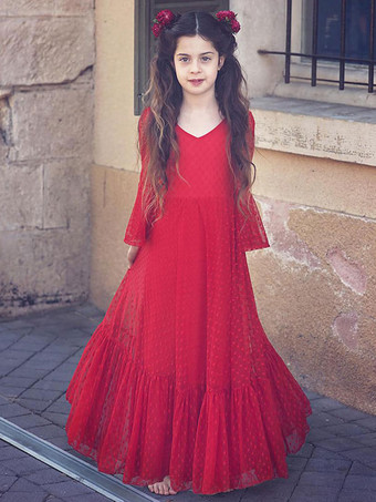 Rote Blumenmädchenkleider V-Ausschnitt Polyester Lange Ärmel Knöchellang A-Linie Spitze Formelle Kinder Festzug Kleider