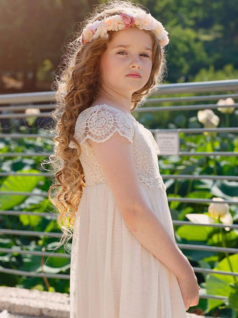 シャンパン フラワー ガール ドレス ジュエル ネック 半袖 レース フォーマル キッズ ページェント ドレス