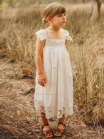 Weiße Blumenmädchenkleider Jewel Neck Sleeveless Lace Kids Social Party Kleider