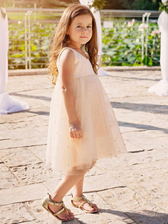 シャンパン フラワー ガール ドレス ジュエル ネック ノースリーブ バタフライ フォーマル キッズ ページェント ドレス