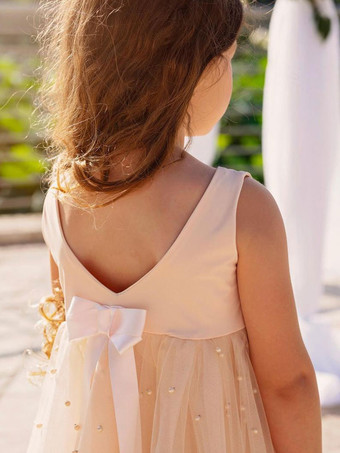 シャンパン フラワー ガール ドレス ジュエル ネック ノースリーブ バタフライ フォーマル キッズ ページェント ドレス