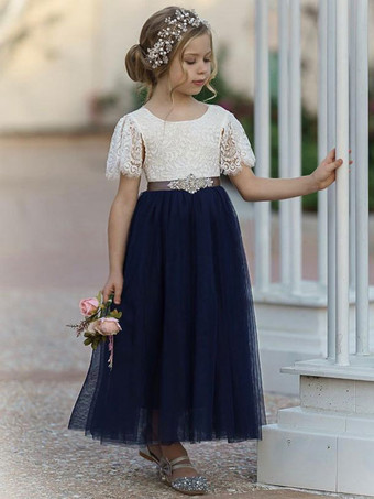 Kastanienbraune Blumenmädchenkleider Jewel Neck Short Sleeves Sash Kids Social Party Dresses