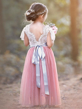 カメオピンクマルーンフラワーガールドレスジュエルネック半袖サッシュキッズ社交パーティードレス