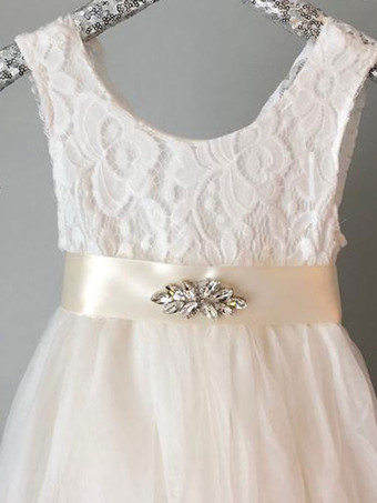 ホワイトブルー フラワー ガール ドレス ジュエル ネック ノースリーブ サッシュ キッズ パーティー ドレス