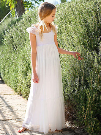 ホワイト フラワー ガール ドレス ジュエル ネック レース ノースリーブ 足首までの長さ A ライン リボン キッズ パーティー ドレス