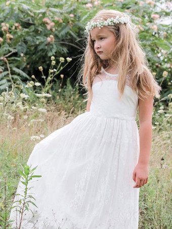 Robe de fille de fleur blanche en dentelle col rond décolleté décoré de noeud sur dos robe cortège enfant