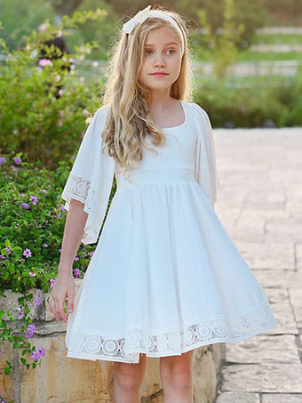 Weiße Blumenmädchenkleider Square Neck Polyester Kurze Ärmel Kurze A-Linie Kinder Gesellschaftsparty Kleider