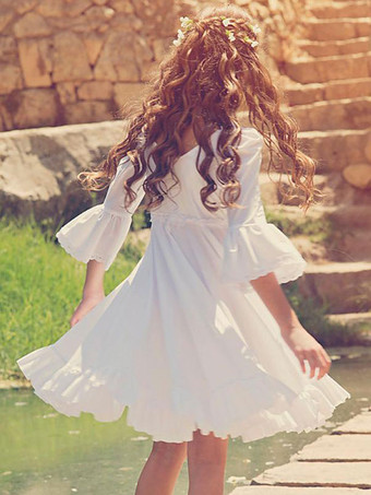 ホワイト フラワー ガール ドレス Vネック ロング スリーブ フォーマル キッズ ページェント ドレス