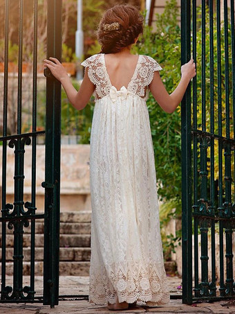 アイボリー フラワー ガール ドレス ジュエル ネック レース 半袖 マキシレングス A ライン レース キッズ ソーシャル パーティー ドレス