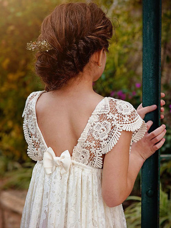 アイボリー フラワー ガール ドレス ジュエル ネック レース 半袖 マキシレングス A ライン レース キッズ ソーシャル パーティー ドレス