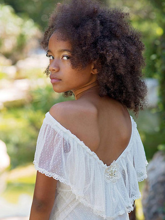 ホワイト ボヘミアン レース フラワーガール ドレス Vネック 半袖 フロアレングス Aライン アップリケ 子供用 社交パーティードレス