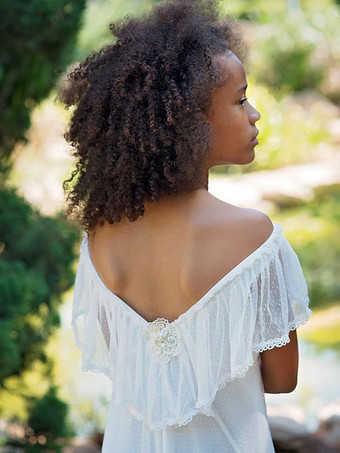 ホワイト ボヘミアン レース フラワーガール ドレス Vネック 半袖 フロアレングス Aライン アップリケ 子供用 社交パーティードレス