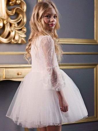 白いフラワー ガール ドレス V ネック長袖ポリエステル子供の社交パーティー ドレス