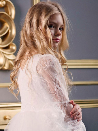 白いフラワー ガール ドレス V ネック長袖ポリエステル子供の社交パーティー ドレス