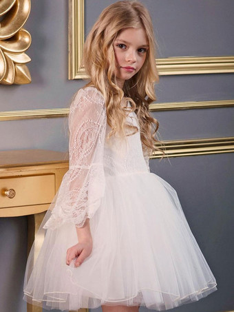 白いフラワー ガール ドレス V ネック長袖ポリエステル子供の社交パーティー ドレス