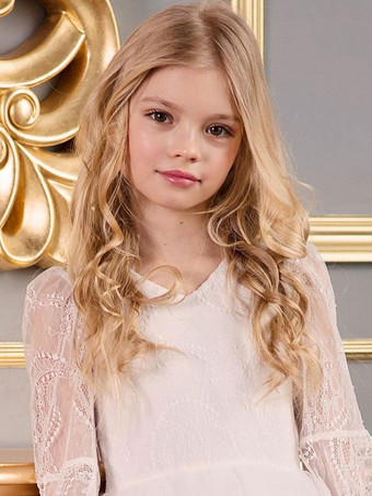 白いフラワー ガール ドレス V ネック長袖ポリエステル子供の社交パーティー ドレス